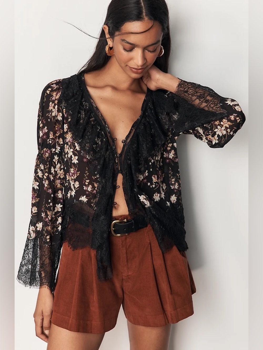 Anthropologie Black Floral Sheer Ruffle Lace Top